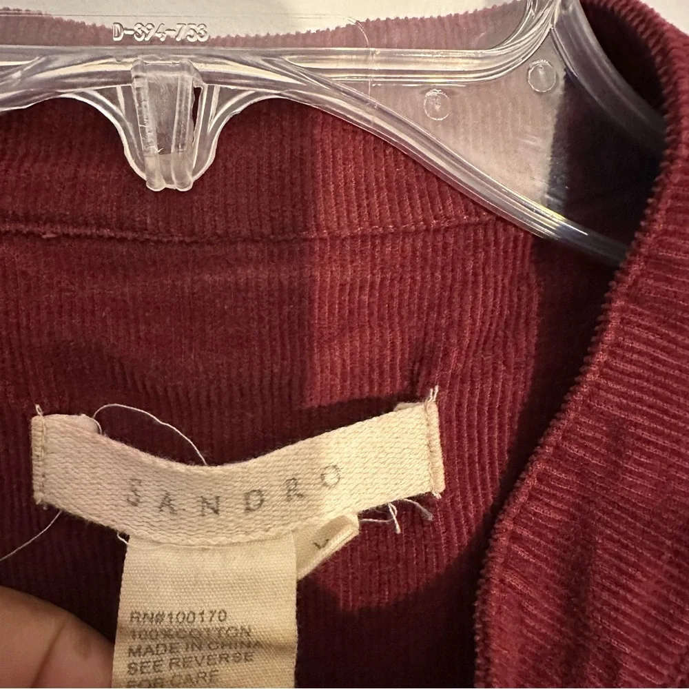 Sandro Corduroy Burgundy Zip Front Jacket Ruffle Hem 3/4 Sleeve Women’s Size XL